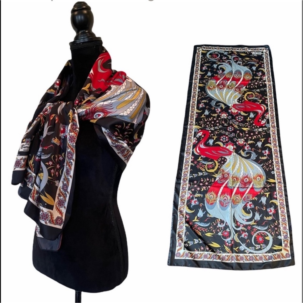 Sal Dunyase 100% silk peacock print pattern scarf wrap headscarf made in Turkey